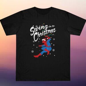 Spider-Man Swing Into Christmas Holiday Party Fan Gift Graphic Marvel T-shirt 90